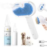 Pet Steam Brush for Dog & Cat - 3-in-1 Steam Grooming Brush for Shedding & Hair Removal - Self Cleaning Spray Comb with Mist for Long Haired Pets - Includes 1*Waterless Shampoo, Blue.