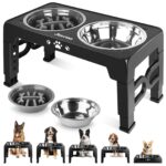 Elevated Dog Bowls, Non-Slip Dog Feeder with 1*Stainless Steel Dishes & 1*Slow Feeder Bowl, 5 Heights Adjustable Raised Bowls for 3.15″-8.66″-9.84″-11.02″-12.2″