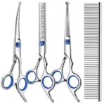 Professional 4 in 1 Dog & Cat Grooming Scissors Kit with Safety Round Tips,Sharp & Durable,Dog Shears for Grooming - Includes Straight, Curved, Thinning Scissors and Comb - Premium Pet Supplies