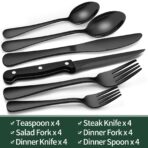 EWFEN 24-Piece Black Silverware Set with Steak Knives, Black Flatware Set for 4, Food-Grade Stainless Steel Tableware Cutlery Set, Mirror Finished Utensil Sets for Home Restaurant, Round Edge - Image 2