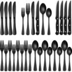 EWFEN 24-Piece Black Silverware Set with Steak Knives, Black Flatware Set for 4, Food-Grade Stainless Steel Tableware Cutlery Set, Mirror Finished Utensil Sets for Home Restaurant, Round Edge