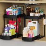 Multi-Purpose Pull-Out Storage Organizers, Under Sink/Cabinet Organizers and Storage for Bathroom & Kitchen, Black, 12.8 Inches, 2 Packs